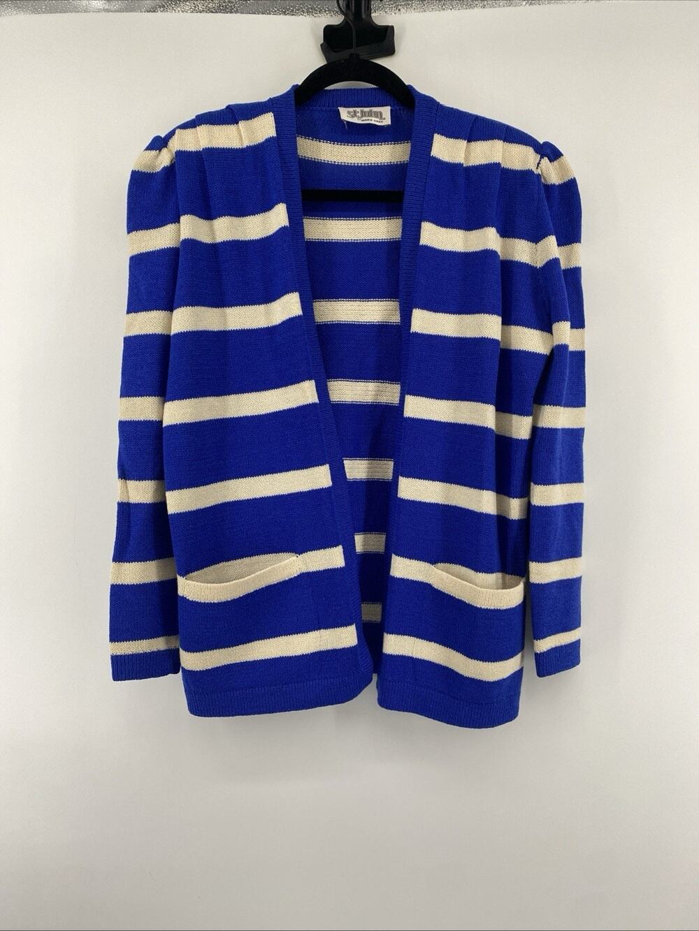St. John Knit Vintage Cardigan Blue White Stripe Open Front 80s